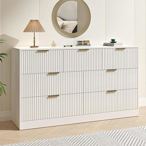 NOVAMAISON White 7 Drawer Dresser for Bedroom, 55” Wide Fluted Dresser with Gold Handles, Modern Chest of Drawer for Bedroom, Closet, Living Room, Entryway, Hallway, White