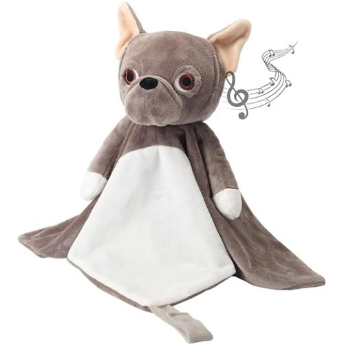 Love By Emi 4 in 1 Baby Lullaby Sleep Soother Toy - Stuffed Animal Sound Machine & Pacifier Holder | Heartbeat White Noise & Music | Plush Bulldog Lovey Sleep Aid Security Blanket (0-3 Years)