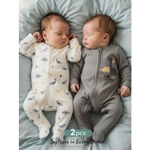 Cozy Pixies Newborn Baby Boy/Girl 2pcs Set Cartoon Dinosaur Knitted Jumpsuit,White Summer Cute Graphic Lounge Sleepers,Soft Bamboo Fiber Zip Up Unisex Clothes | SHEIN USA