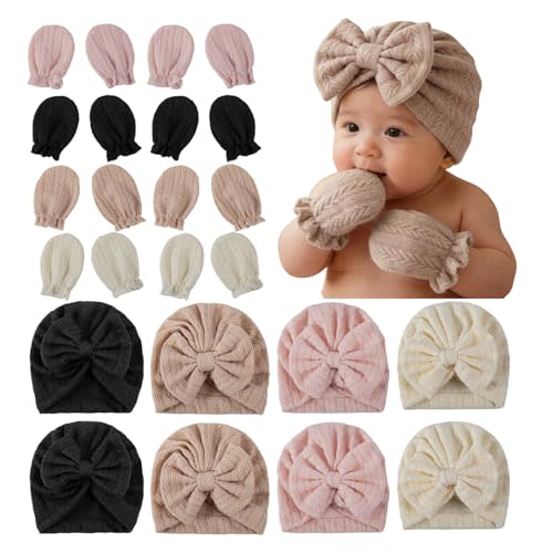 8 Sets Newborn Baby Hats & Mittens Cotton Preemie Infant Bow Beanies Caps Gloves Hospital New Born Boy Girl 0-3 Month