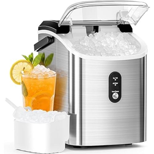 Antarctic Star Nugget Ice Maker Countertop with Soft Chewable Ice, Portable Sonic Ice Maker with Basket and Scoop, Removable Top Cover, Auto-Cleaning for Home/Party/RV/Camping (Stainless Steel Silver)