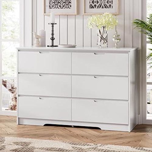 6 Drawers White Dresser for Bedroom, Wood Large Double Dresser with Hidden Handles, Modern Chests of Deep Drawer Storage Organizer for Hallway, Entryway