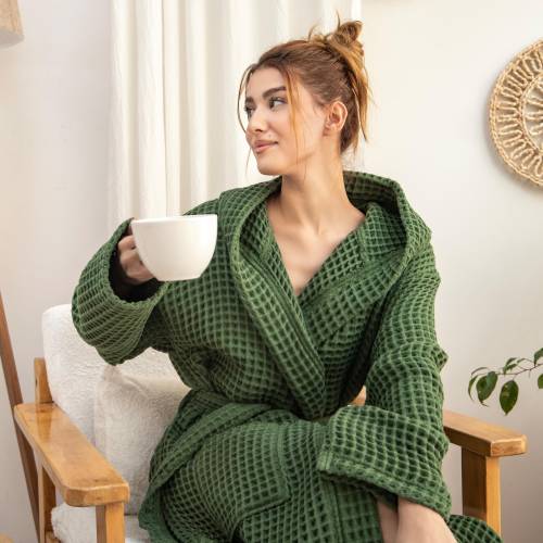 Hoodie Waffle Bathrobe, Cotton Robe, Cozy Organic Robe, Waffle Bridesmaid Robe, Dressing Gown