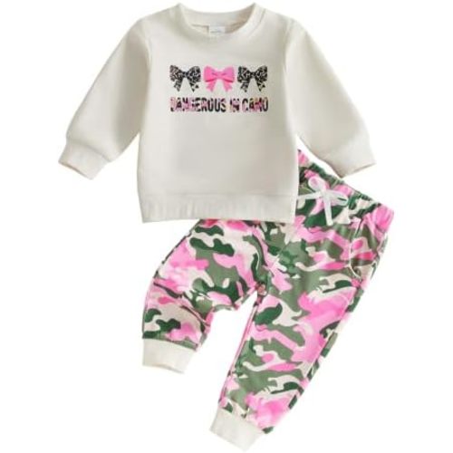 Baby Girl Clothes Camo Outfit Letters Bows Shirt Pants Fall Winter Set
