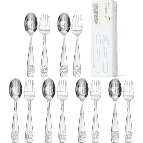 Toddler Silverware Set, 12 Pieces Kids Utensils - 6 Forks & 6 Spoons, 18/10 Stainless Steel Food-Grade Kids Flatware, Construction Vehicle, Digger & Dump Truck Dishes, Dishwasher Safe
