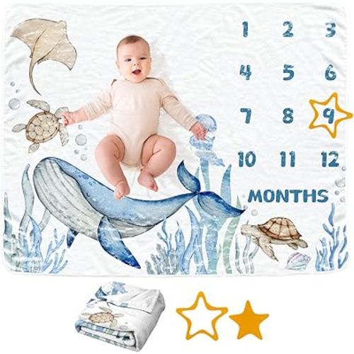 Ocean Baby Monthly Blanket for Girls, Whale Newborn Month Blanket, Ocean Nursery Decor, Sea Soft Flannel Photography Background Prop, Personalized Shower Gift