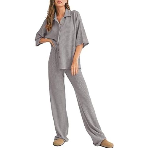 SHEWIN Women's 2 Piece Outfits Waffle Knit Lounge Sets Casual Short Sleeve Button Down Sleepwear Pajamas Set