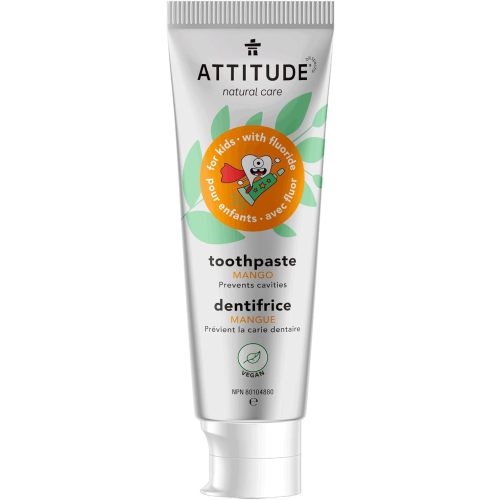 ATTITUDE Kids Natural Toothpaste with Fluoride, Made in Canada, Prevents Tooth Decay and Cavities, Vegan and Sugar-Free, Mango, 120 grams