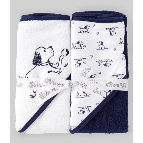 Little Me Baby Boys Puppy Embroidered Motif/Puppy Toile Printed Hooded Towel 2-Pack