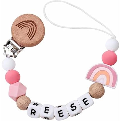 Personalized Pacifier Clip with Name Custom Stroller Clip Silicone Pacifier Chain Holder Clips (Rainbow)