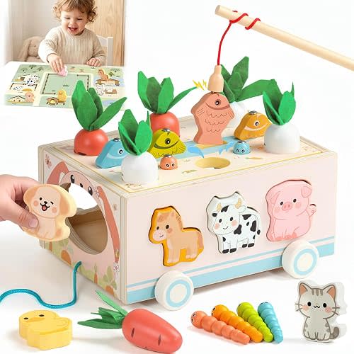 Fajiabao Wooden Montessori Toys for 1 Year Old, 7-in-1 Farm Activity Toy