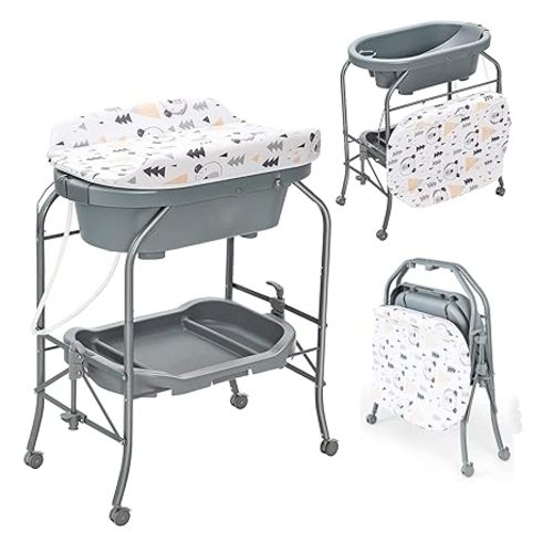 HONEY JOY 2-in-1 Baby Bathtub & Changing Table, Foldable Infant Diaper Changing Station with Wheels, Storage Tray, Waterproof Pad, Portable Newborn Nursery Organizer Bath Stand for Boys Girls (Gray)