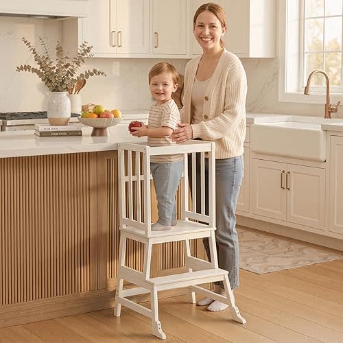 COSYLAND Toddler Kitchen Standing Tower -Toddler Kitchen Stool Helper - Kids Kitchen Step Stool for Learning Bathroom Kitchen Living Room Dining Room 1.5-3 Years White