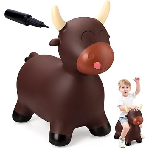 EVERICH TOY Bouncy Bull Hopping Toys, Brown Bouncy Horse Animal Hopper Ride-On, Inflatable Bull Riding Toys for Boys Girls, Birthday Gift for 18 Months 2 3 4 5 6 Years Old Toddler