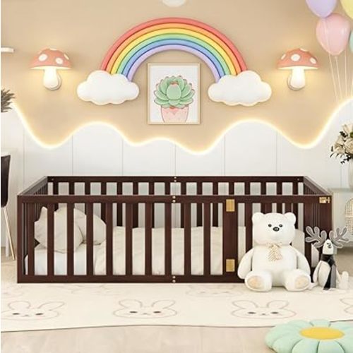 Bellemave Full Size Montessori Floor Bed with 21.7" High Rails, Pine,Plywood Floor Bed with Small Door, Walnut