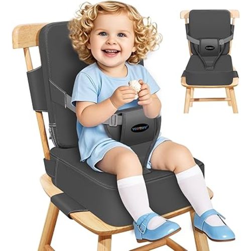Toddler Booster Seat for Kitchen Chair with Removable Backrest & Adjustable Straps, PU Portable Waterproof & Non-Slip Booster Seat for Dining Table, Travel Child Eating Cushion - Dark Grey