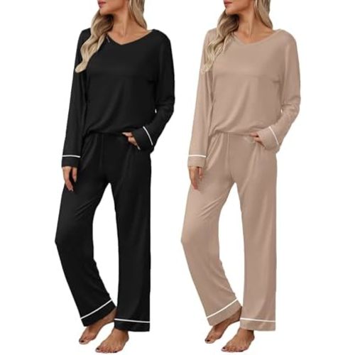 Ekouaer Womens 2 Pack Pajama Set Long Sleeve Pajamas Top and Pants V Neck Pjs Set Soft Loungewear with Pockets
