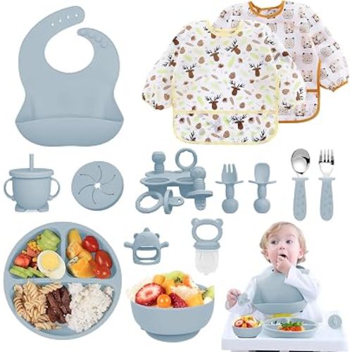 Silicone Baby Feeding Set, 14 Pcs Baby Led Weaning Supplies, Baby Spoons & Forks Suction Bowl Divided Plate Bib Cup, First Stage Solid Food Eating Utensils - 6+ Months (Blue)