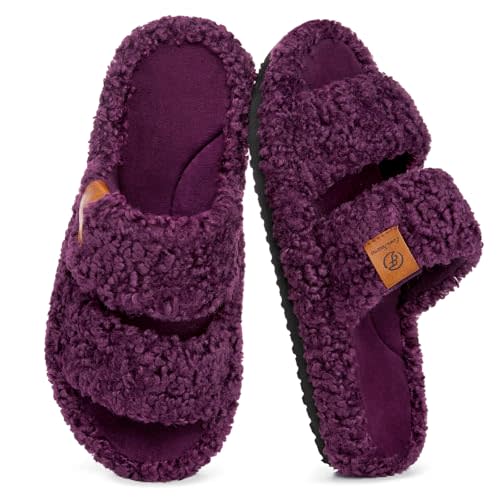 EverFoams Womens Fuzzy Open-toe Slippers Memory Foam Indoor House Shoes | Machine-washable, Gifts, Memory Foam, Anti-slip Sole, Lightweight, Indoor and Outdoor, Cozy