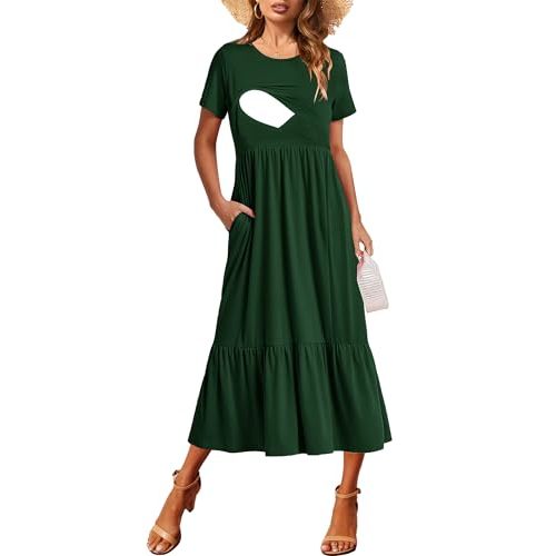 CzzzyL Women Nursing Short Sleeve Crew Neck Fall Dress Maternity Flowy Maxi Dresses Tiered Cocktail Dress with Pockets