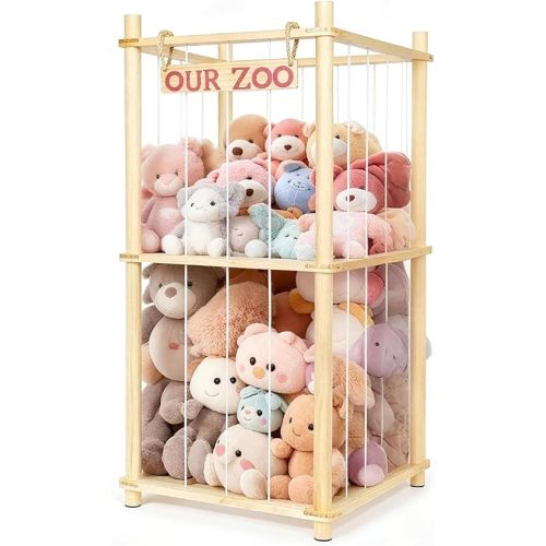 Stuffed Animal Storage - Tall Natural Pine Wood Stuffed Animal Zoo Storage with Elastic Cords, Space-Saving Plushie Playhouse for Nursery, Playroom, Kids Bedroom