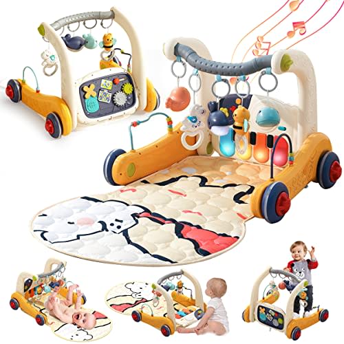 KidsMind Baby Play Mat Gym,4-in-1 Baby Kick and Play Piano Tummy Time Mat Learning Walker-Musical Activity Center with Lights Seat and Push Walkers Ideas for Baby Newborn 0-6-12 18 Months Boy Girl