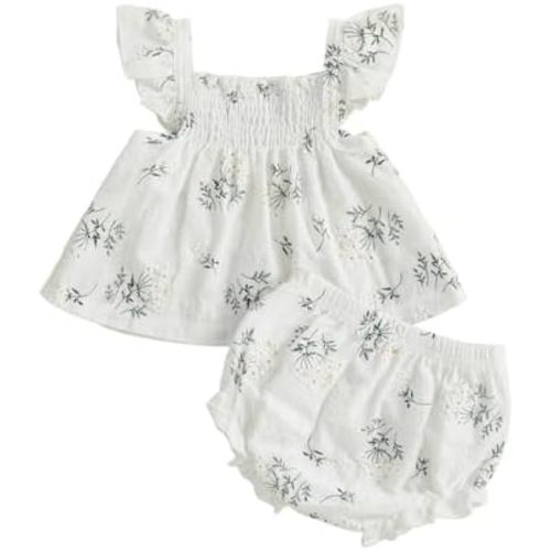 Hnyenmcko Infant Toddler Baby Girl Summer Clothes Floral Ruffle Sleeve Shirt Dress Tops and Bloomers Shorts Set Cute Outfits