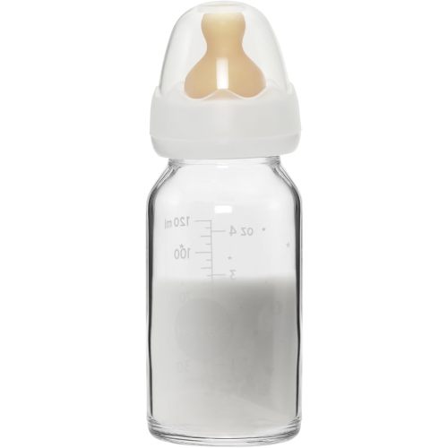 HEVEA Standard Neck Glass Baby Bottles - Natural Rubber Slow Flow Nipples - Anti Colic Baby Bottles for Breastfeeding Babies - Newborn 0+ Months - BPA-Free, Single-Pack (4 Oz)