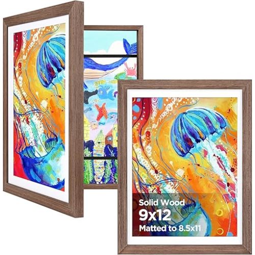 KINLINK 9x12 Kids Art Frame Set of 2, Solid Wood Kids Artwork Frames Changeable with Front Opening Hold 150 Pictures, Art Frames for Kids Art with Mat，without Mat 9x12 Picture Frame Brown Wood