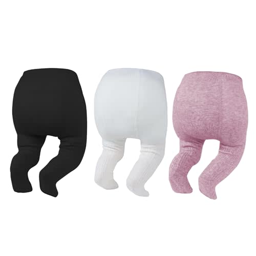 Zando 3Pack Newborn Baby Girl Tights Cable Knit Cotton Warm Leggings 0-4T | Soft Cotton Footed Seamless Stockings for Infant Toddler Tights Pantyhose, Cozy Winter Daily Festival Wear, Baby Shower Gifts