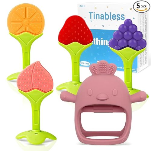 Teething Toys for Babies 3-6 Months, 5 Pack Silicone Teethers for Babies 6-12 Months, BPA Free Freezer Safe Infant Chew Toys for Teething Relief, Coral Red