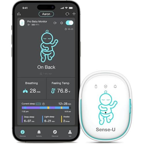 Sense-U Pro Baby Monitor – Breathing Movement, Rollover & Overheating Trackers for Better Sleep, Simple Clip-On Smart Sleep Monitor with Arousal Vibration, Audible Alerts & Sleep Analysis