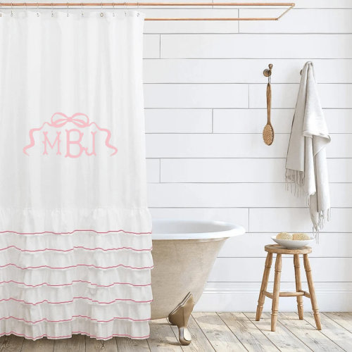 Ruffle Embroidery Cotton Monogram Shower Curtain 1 Panel with Button Holes