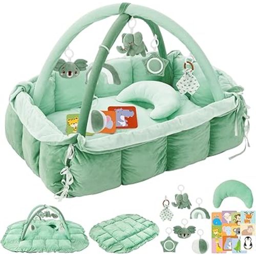 5-in-1 Plush Baby Play Gym & Activity Mat, Baby Play Mats, Baby Gym with Convertible Design, Tummy Time Mat with Pillow, 6 Sensory Toys for Newborn to Toddler, Sage Green