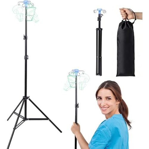Foldable IV Pole with Portable Bag, Collapsible IV Pole Stand with 3 Nets for Drip Bag, Tripod IV Pole Stand Adjustable, 4 Hooks for Nursing Clinic Home Care Travel, Stable, Black, 1 Pcs