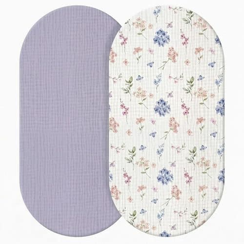 Breling 2 Pcs Muslin Purple Floral Bassinet Sheets for Baby Girl, Soft and Breathable 100% Cotton Bassinet Sheets, Fitted Coquette Floral Mattress Cover for 32" x 16" Oval Cradle
