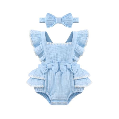 Baby Girl Summer Clothes Infant Girls Romper Dress | Ruffle Sleeve, Cotton Linen, Lace Trim, Jumpsuit, Bow Design, Snap Closure, Crisscross Back, Matching Headband