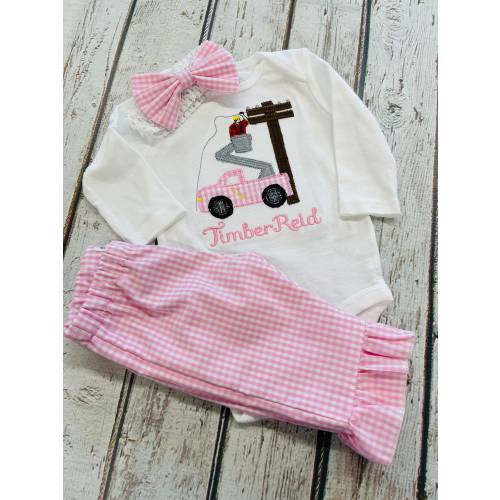 Baby Girl Lineman Outfit: Bucket Truck Applique Shirt & Gingham Shorts Set