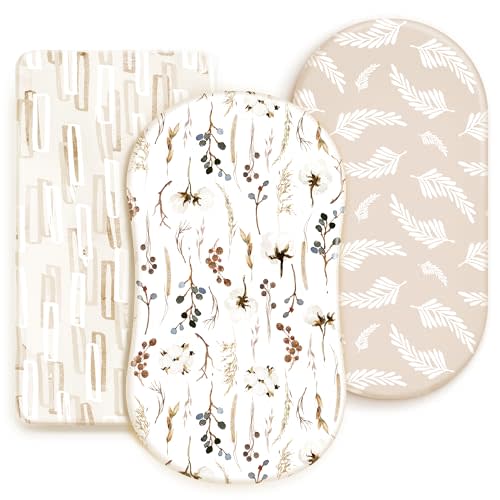 GRSSDER Stretchy Ultra Soft Fitted Bassinet Sheet Set 3 Pack, Universal Fit for Bassinets Baby Cradle Moses Basket Oval Rectangle Mattress Safe and Snug, Stylish Pretty Flora for Baby, Beige