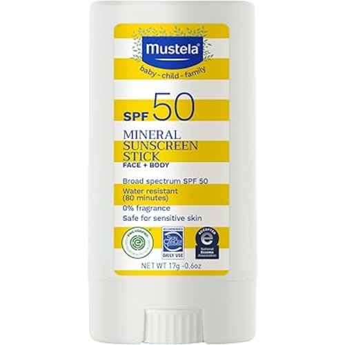 Mustela Baby Mineral Sunscreen Stick SPF 50 Broad Spectrum - Face & Body Sun Stick with 70% Organic Ingredients - Ultra Sheer, Water Resistant & Fragrance-Free - 0.6 oz (Pack of 1)