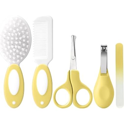 Baby Grooming Kit Newborn,Baby Health Care Kit,Baby Brush Soft Bristles 5 pcs Baby Nail Kit Nursery Care Kit Baby Hair Brush Hair Comb Nail Kit Safety Cutter Nail Clipper Set Yellow