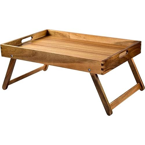Extra Large Folding Bed Tray Table, 22’’ x 14’’ Acacia Wood Breakfast Tray, Food Serving Tray with Legs for Eating in Bed