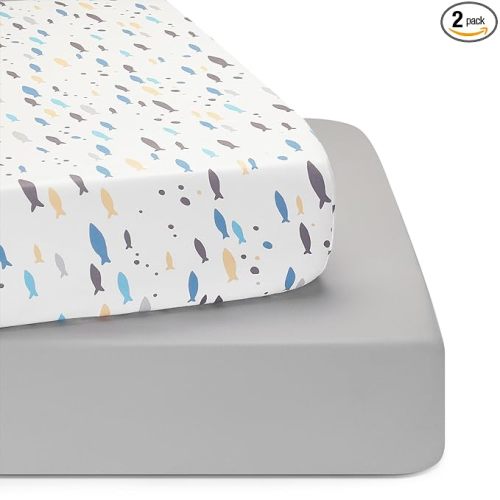 TILLYOU Baby Crib Sheets for Boys Girls, Super Soft Toddler Bed Sheets, 2 Pack Sheets for Standard Crib Mattress 28x52in, Little Blues Fish