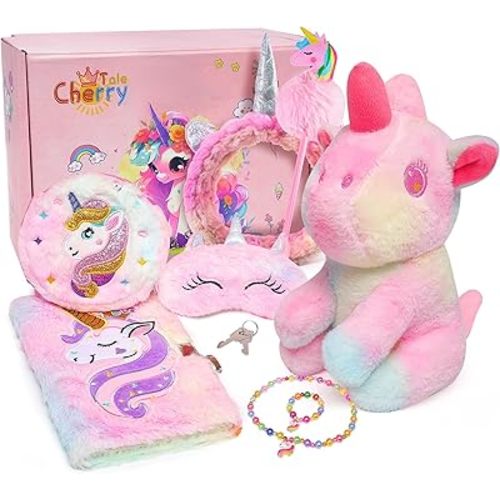 Cherry Tale Unicorn Gifts for Girls Age 6-8, Kids Unicorn Toys Set with Plush Unicorn Diary Headband Eye Mask Christmas Birthday Gifts for Little Girls Age 4 5 6 7 8 9 10