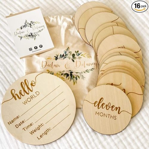 DECLAN & DELANEY Monthly Baby Milestone Cards | 16 Wooden Milestone Discs, Includes Boy/Girl Birth Announcement Sign | Baby Monthly Milestone Props Perfect for Newborn to Age 1 | Baby Shower/Gift Set