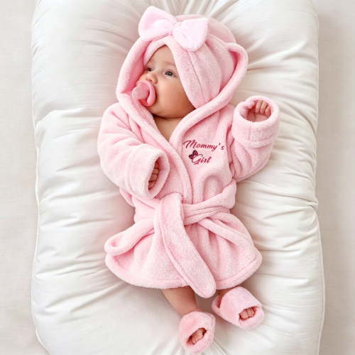 Ylsteed Newborn PhotographyBaby Outfit Pink Plush Bathrobe Set Hooded Robe with Bow Turban Hat Slippers Baby Girl Pajama for 0-3 Months