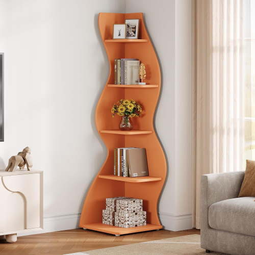 Tribesigns Small Corner Shelf, 5-Tier Modern Corner Bookcase for Small Space, Living Room (Orange)