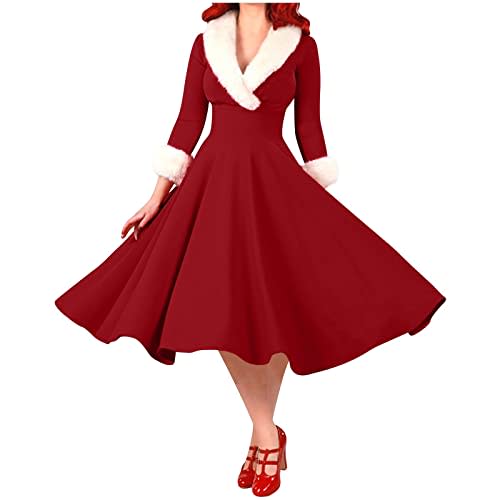 Womens Christmas Vintage 1950s Dress Long Sleeve Swing Party Gown | Womens Christmas Party Dress, 1950s Long Sleeve Swing Sundress, Retro Xmas Cocktail Gowns, Holiday Celebration Wear
