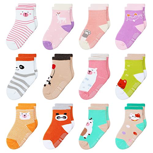 HYzgb 12 Pack Non Slip Kids Toddler Baby Socks with Grips for 1-7 Years Boys Girls Cotton Crew Socks Multi Colors