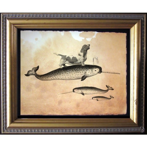 Brown and White Basset Hound Dog Riding Narwhal Vintage Collage Art Print on Tea Stained Paper xmas for momdog christmas gift